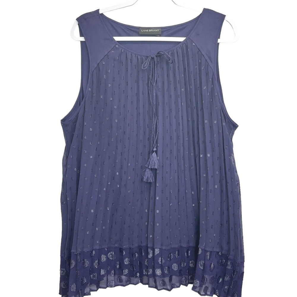 Lane Bryant Pleated Tank Top Navy Blue Metallic Dot Tassel Tie Blouse Size 24 - Picture 4 of 11